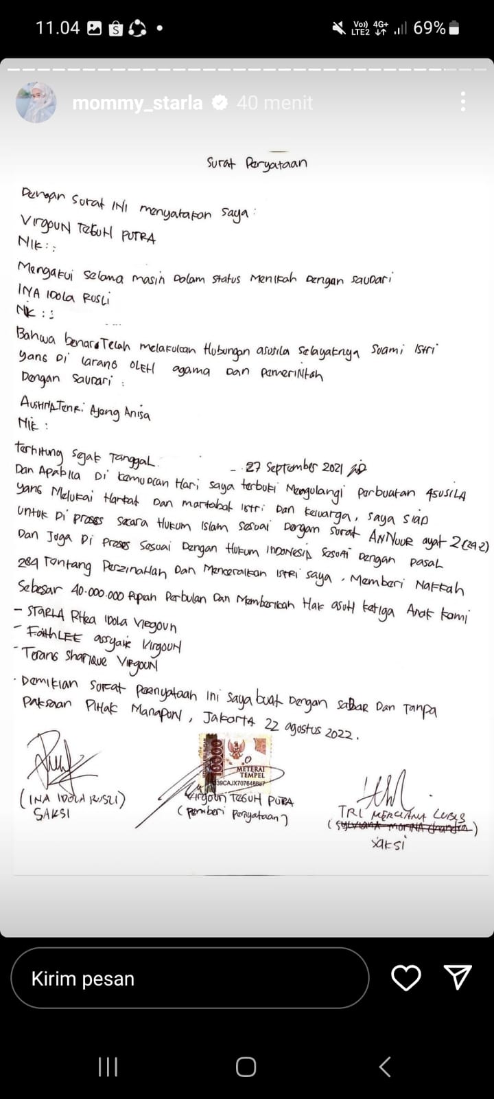 Tangkapan layar story di akun Instagram Inara Rusli, istri Virgoun, yang memuat surat pernyataan yang dibuat oleh Virgoun - Image