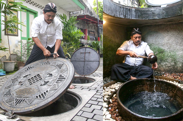 DIKLAIM TERTUA: Juru kunci Sumur Jobong Agus Santoso menunjukkan cara mengakses ruangan tempat sumur berada. Di dalamnya ada air sumur Jobong yang disebut tak habis mesk dipompa dengan mesin. - Image