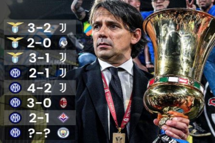 Simone Inzaghi punya reputasi bagus saat menjalani turnamen. Dia meraih tujuh gelar dari delapan kesempatan final. (Twitter/@433 - Image