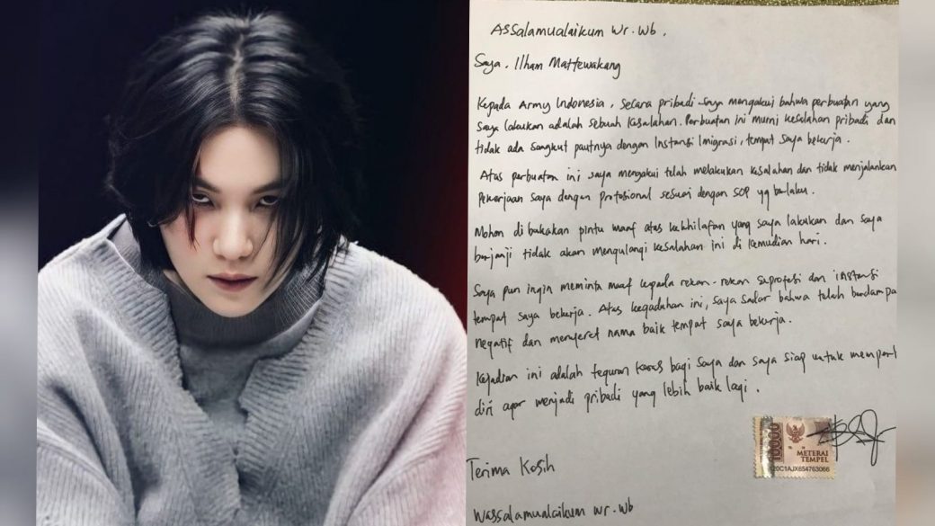 Petugas Imigrasi bernama Ilham Mattewakang meminta maaf secara tertulis kepada fans BTS, ARMY karena merekam kedatangan Suga BTS. (Istimewa) - Image