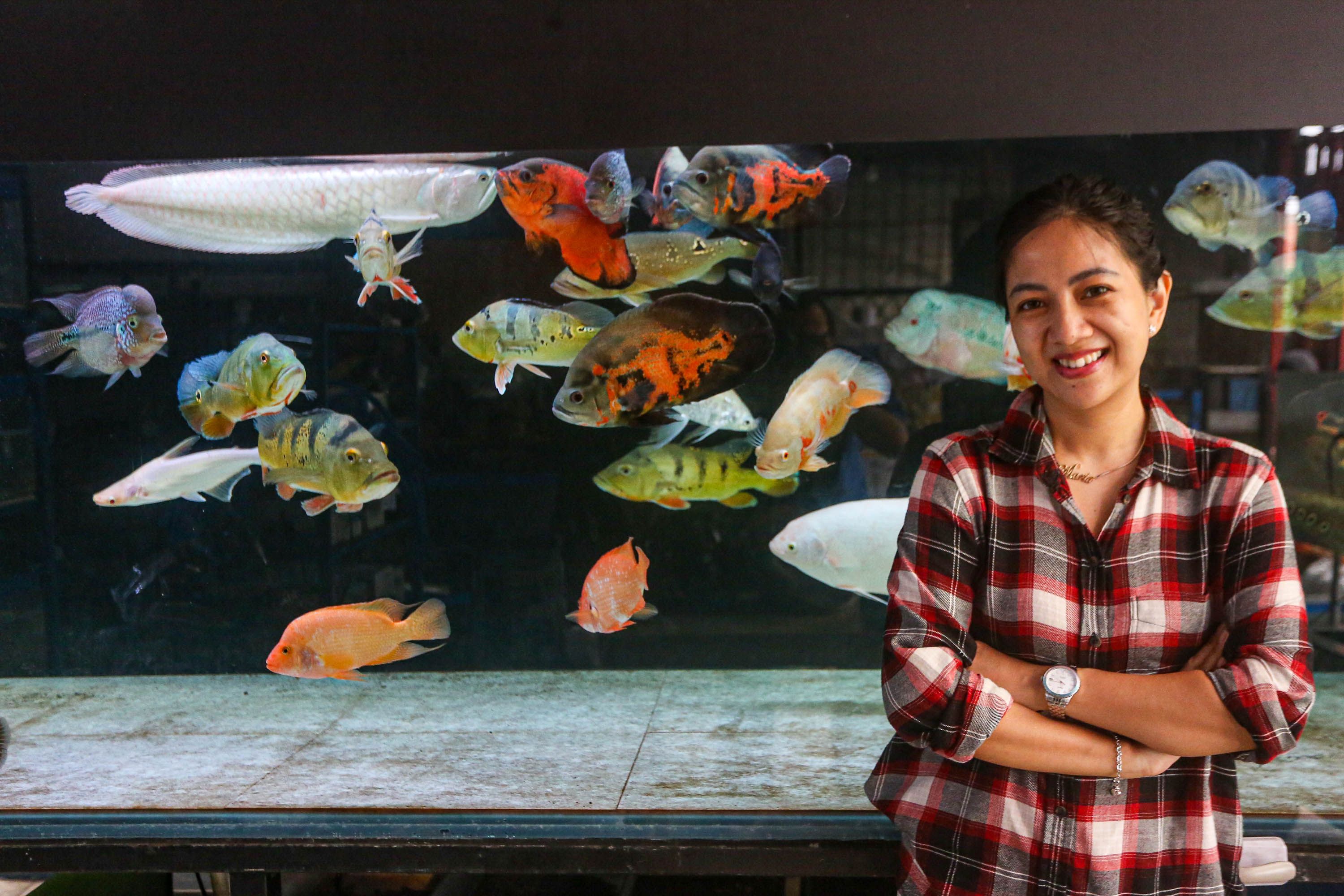 Maria saat berada di Toko ikan Maria Tirta Aquatic, Depok, Jawa Barat, Jumat (23/6/2023). - Image