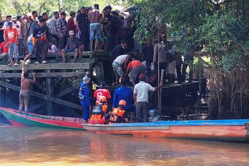 Tim SAR Gabungan melakukan evakukasi korban diterkam buaya di Gunung Tabur, Kabupaten Berau, Senin (31/7). (Antara/ HO Basarnas Balikpapan) - Image