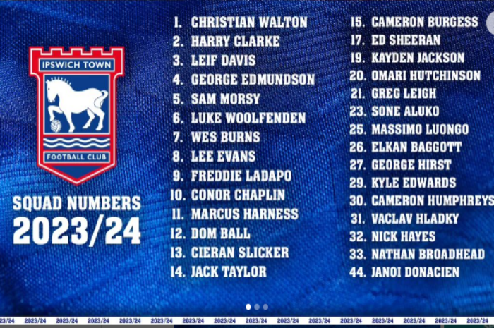 List pemain Ipswich Town dalam mengarungi kompetisi Championship 2023/2024. Elkan Baggott masuk dalam daftar tersebut. (Ipswich) - Image