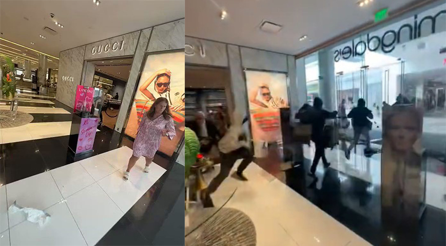 Tangkapan layar pelaku perampokan kabur setelah melakukan aksinya di toko Gucci di California. - Image