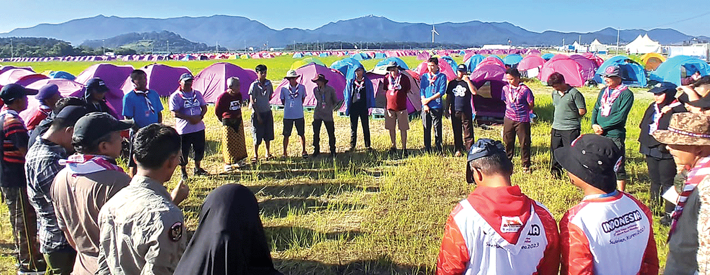 SELESAI LEBIH CEPAT: Kontingen Indonesia tengah melakukan brifing di Bumi Perkemahan Sae Man-geum, Provinsi Jeolla Utara, Korsel, tempat perhelatan Jambore Pramuka Sedunia. - Image