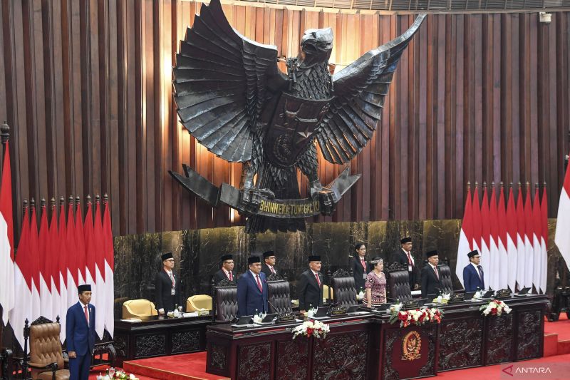 Presiden menghadiri pidato pengantar RUU tentang APBN tahun anggaran 2024 pada rapat Paripurna DPR pembukaan masa persidangan I DPR tahun sidang 2023-2024 (16/8/2023) - Image
