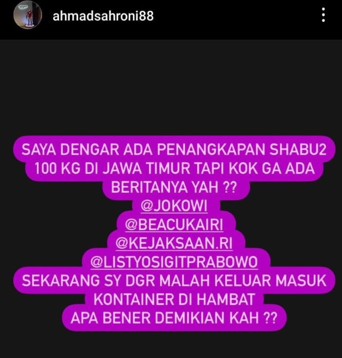 Tangkapan layar unggahan anggota DPR Ahmad Sahroni soal pengungkapan kasus sabu-sabu. - Image