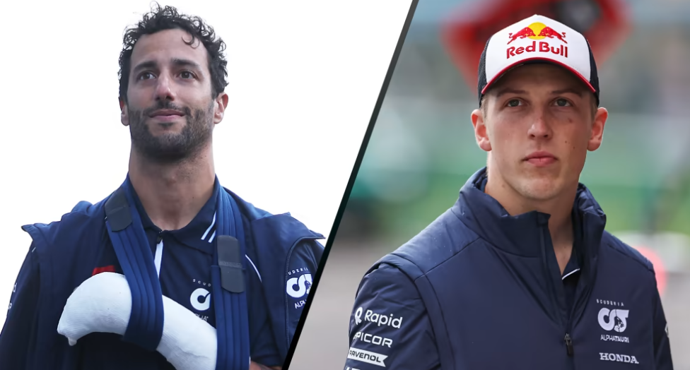 Daniel Ricciardo (kiri) mengenakan gips pada tangan kirinya. Liam Lawson akan menggantikannya di GP Belanda, - Image