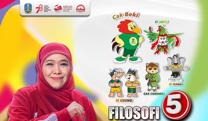 Gubernur Jawa Timur Khofifah Indar Parawansa bersama lima maskot Porprov Jatim 2023. (kominfo jatim) - Image