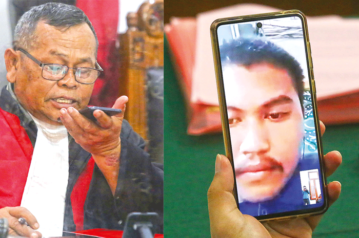 SIDANG ONLINE: Salah seorang hakim menanyai terdakwa Handy Fatwa Mata Jawi saat persidangan di Pengadilan Negeri Surabaya kemarin (5/9). Dia dituntut 8 tahun penjara. - Image