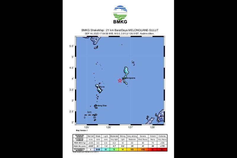 Tangkapan layar peta pusat gempa M 5,0 di wilayah Pantai Barat Daya Kepulauan Talaud, Sulawesi Utara, Sabtu (16/9). - Image