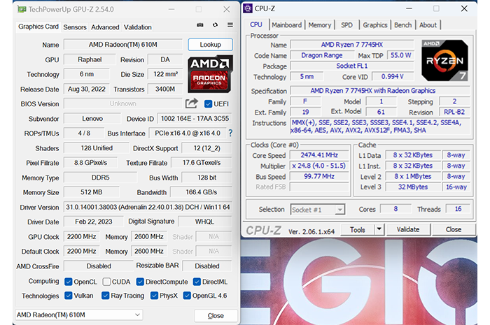 Tangkapan layar CPU dan GPUZ untuk Lenovo Legion Pro 5 16ARX8