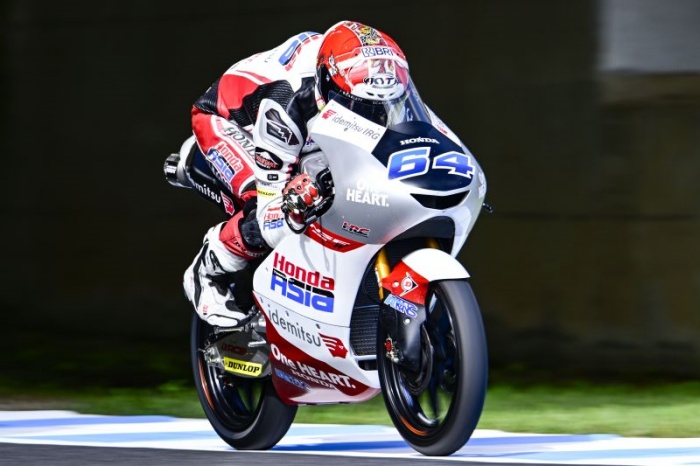 Mario Suryo Aji saat melakoni sesi latihan bebas Moto3 Jepang di Sirkuit Motegi, pada 29 September 2023. (Antara/HO/Honda Team Asia) - Image