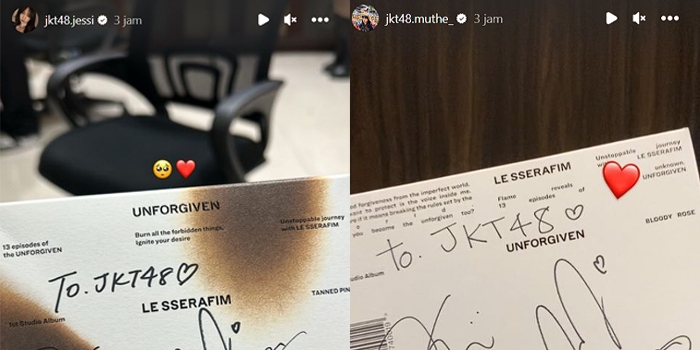Member JKT48 Jessi dan Muthe yang mendapatkan album "UNFORGIVEN"  LE SSERAFIM. (Foto : @jkt48.jessi dan @jkt48.muthe_/instagram)