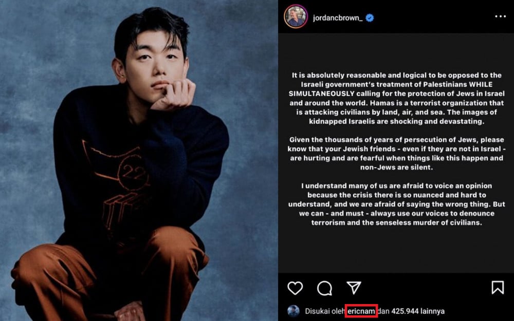 Eric Nam menjelaskan mengapa menyukai postingan yang pro Israel. - Image