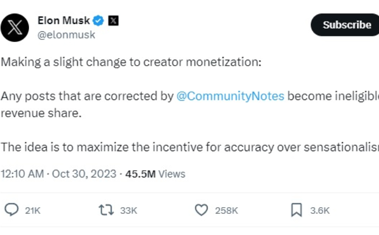 postingan Elon Musk terkait peraturan baru monetisasi X / sumber : X @elonmusk - Image