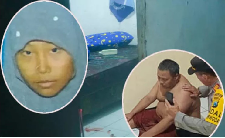 Kamar rumah Khoiri setelah kejadian pembunuhan. Inset: Fitria yang jadi korban pembunuhan, dan Khoiri, terduga pelaku pembunuhan yang sudah diamankan di mapolsek Purwodadi. - Image