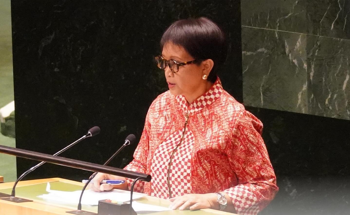 Menteri Luar Negeri RI, Retno Marsudi saat bicara tentang Palestina pada Majelis Sidang PBB / sumber: instagram @kemlu_ri - Image