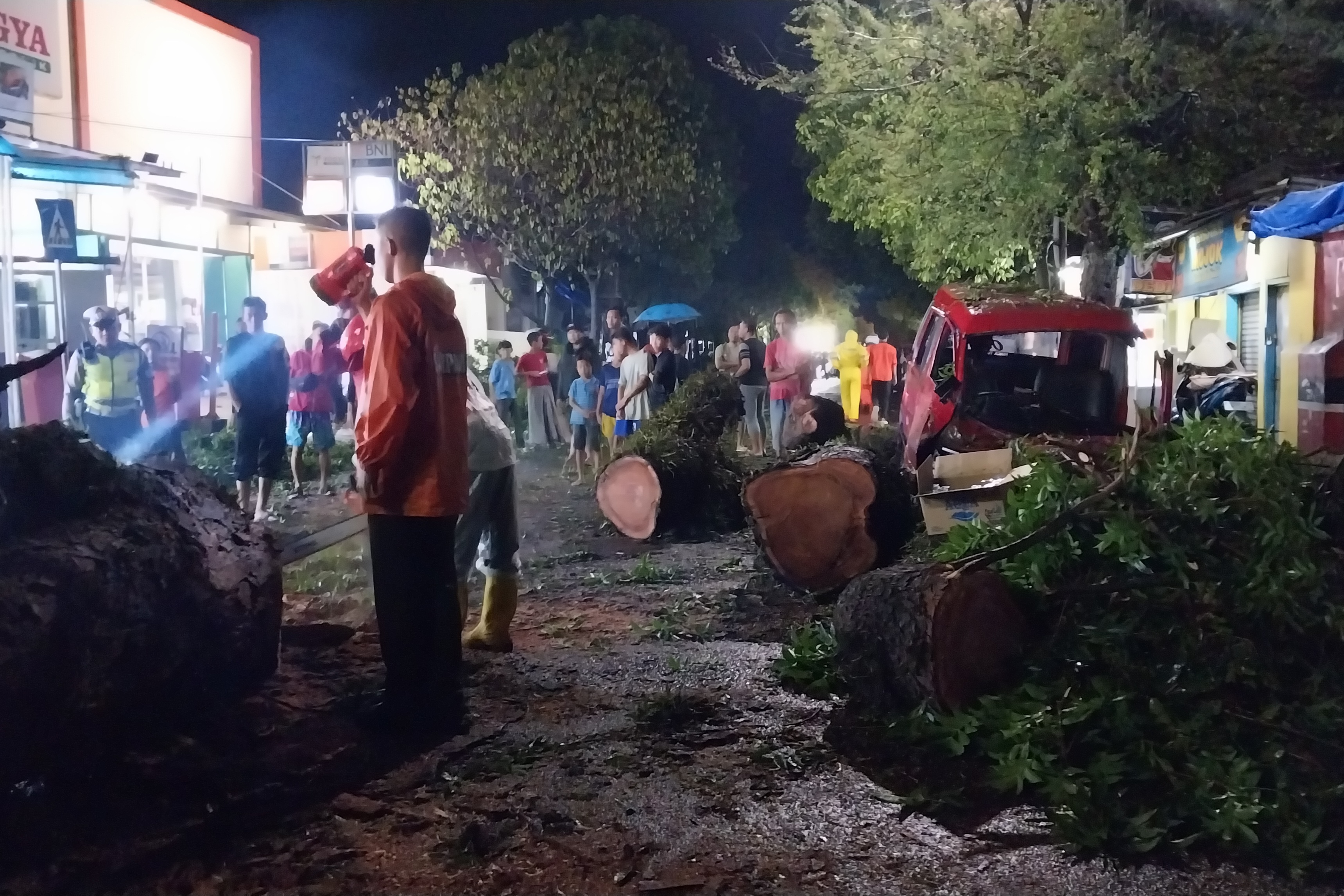BPBD dan pihak terkait melakukan evakuasi pohon tumbang yang menimpa mobil akibat hujan deras disertai angin yang mengguyur Cianjur, Sabtu (4/11). - Image