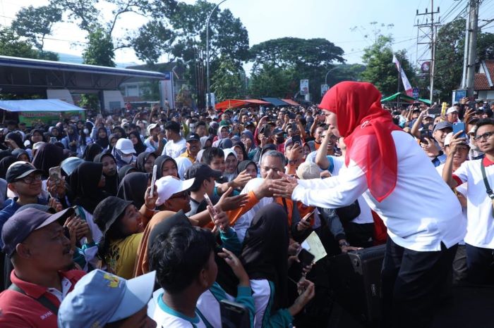 Gubernur Jawa Timur Khofifah Indar Parawansa bersama ribuan masyarakat mengikuti jalan sehat Hari Jadi ke-78 Jawa Timur di depan Kantor Bakorwil V Jember, Minggu (5/11). - Image