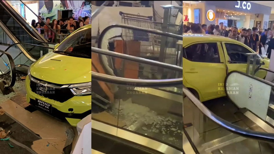 Mobil Brio dalam Pameran di Paragon Mall Semarang tabrak pengunjung dan 2 eskalator/ Sumber Foto: @infokejadianuangaran. - Image