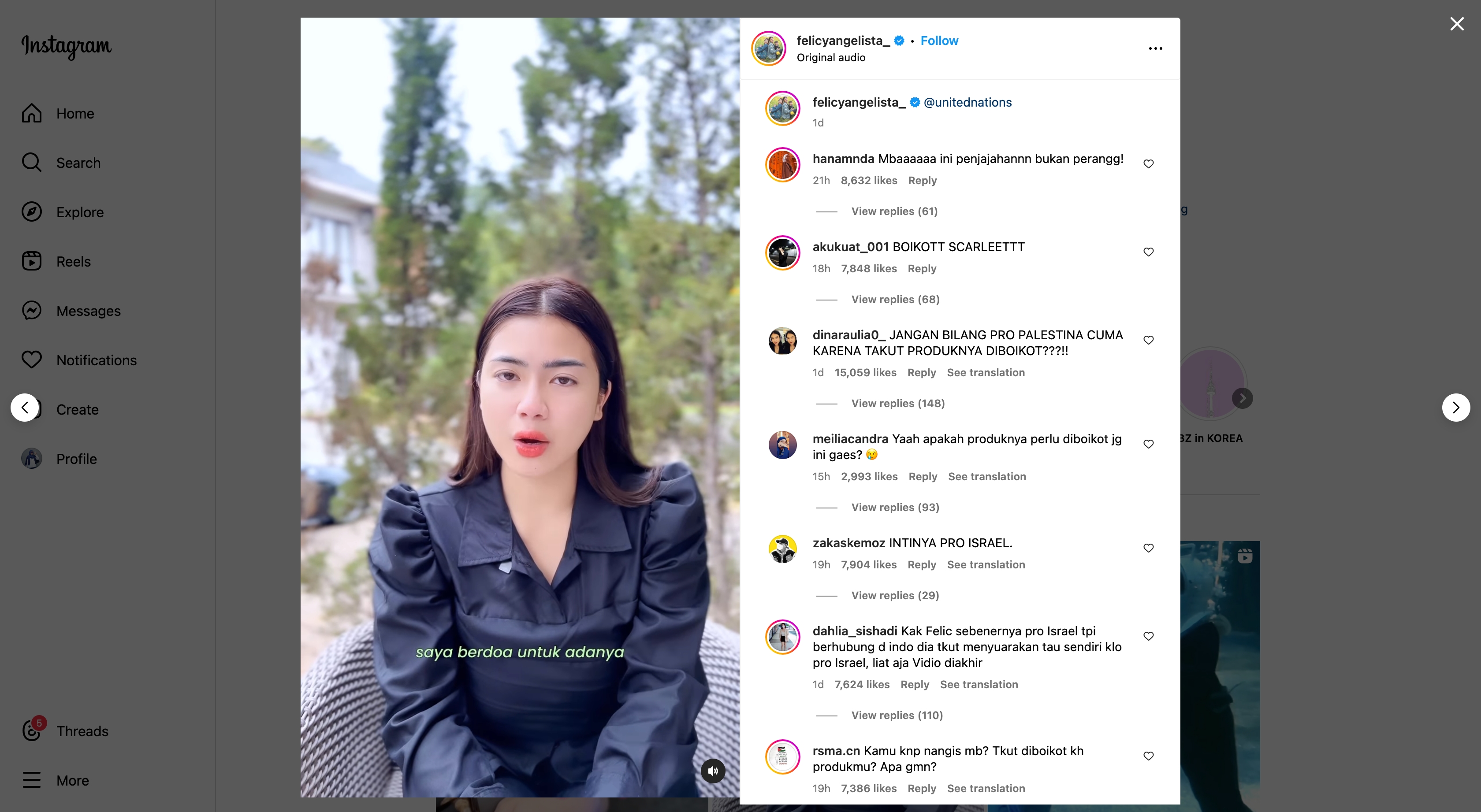 Tangkapan layar video di Instagram Felicya Angelista. - Image