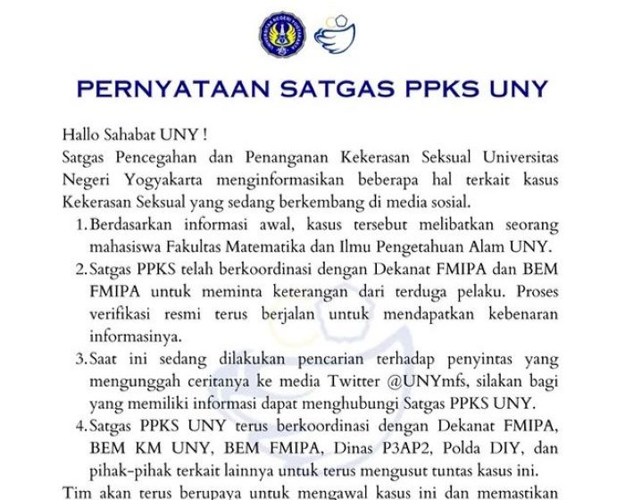 Pernyataan Satgas PPKS UNY (Instagram @bem.uny) - Image