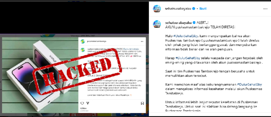 Akun Instagram Puskesmas Tambak Rejo yang terkena hack (potongan gambar akun @sehatsurabayaku) - Image