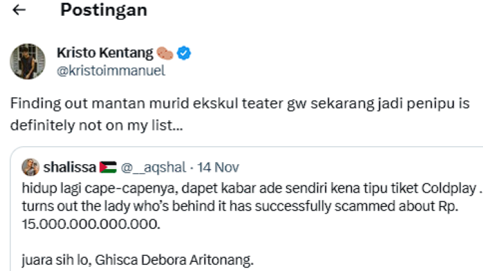 Kristo Immanuel tanggapi kedekatan dengannya dengan si penipu tiket Coldplay, Ghisca Debora. (X/@kristoimmanuel) - Image