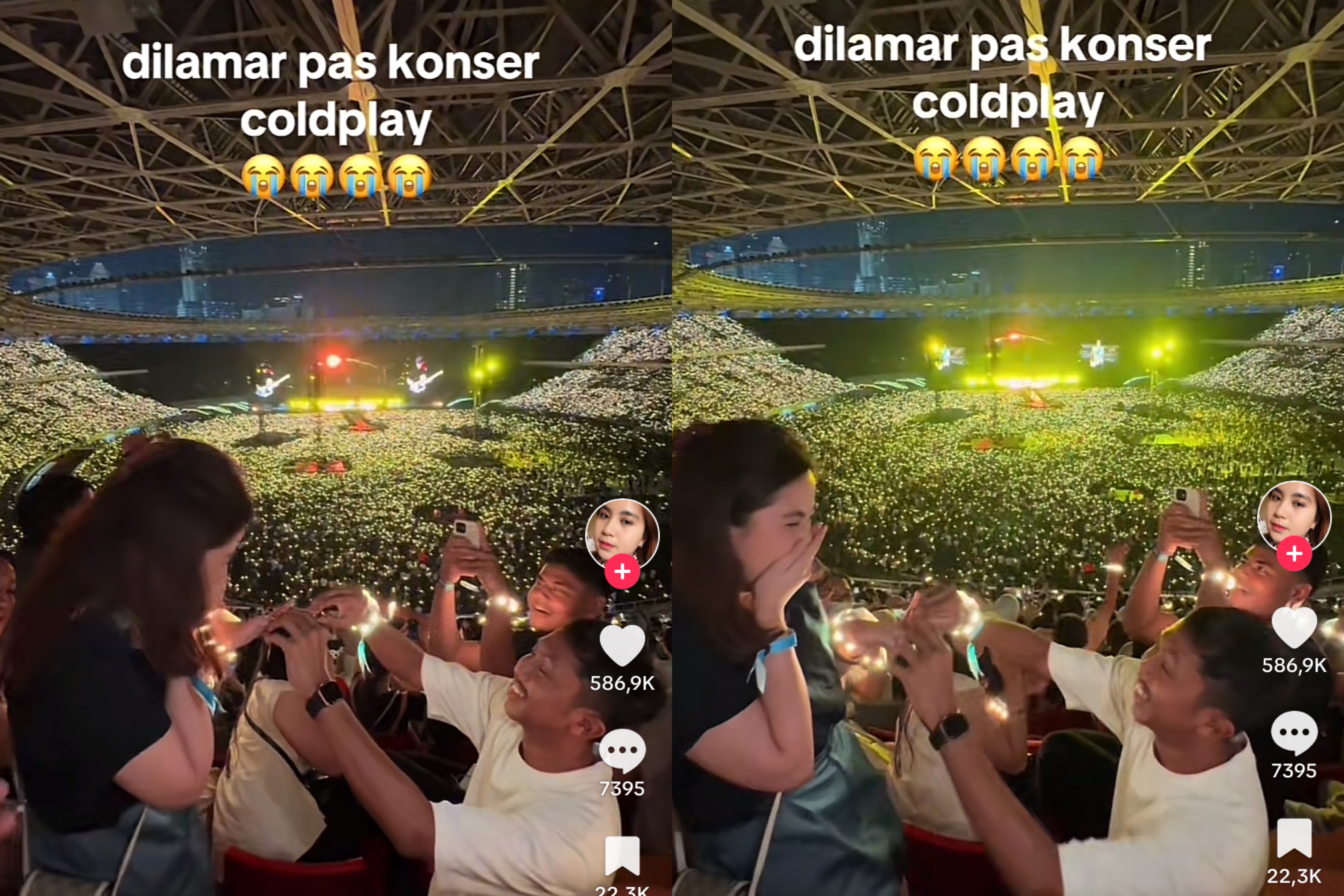 Seorang perempuan dilamar pacarnya saat konser Coldplay di Jakarta. Sumber Foto: TikTok/@devmesha - Image