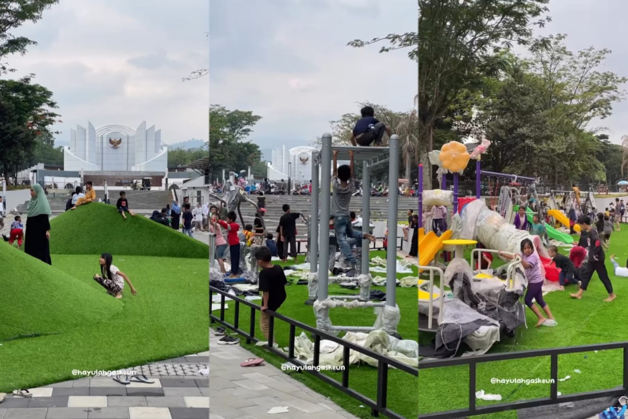 fasilitas baru di Taman Monju Bandung – banyak anak-anak menaiki mainan yang masih terbungkus plastik / sumber: instagram @hayulahgaskeun - Image