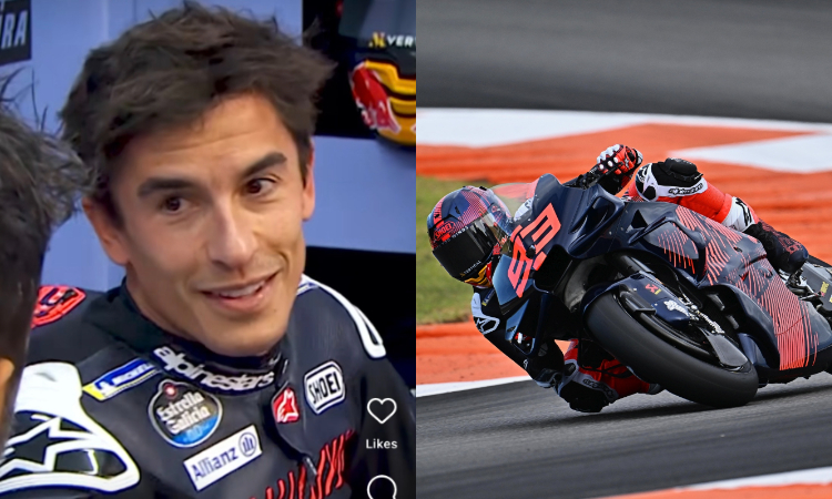 Ekspresi sumringah Marc Marquez (kiri) usai jalani debutnya dengan Ducati di tes MotoGP Valencia. (@gresiniracing/Instagram) - Image