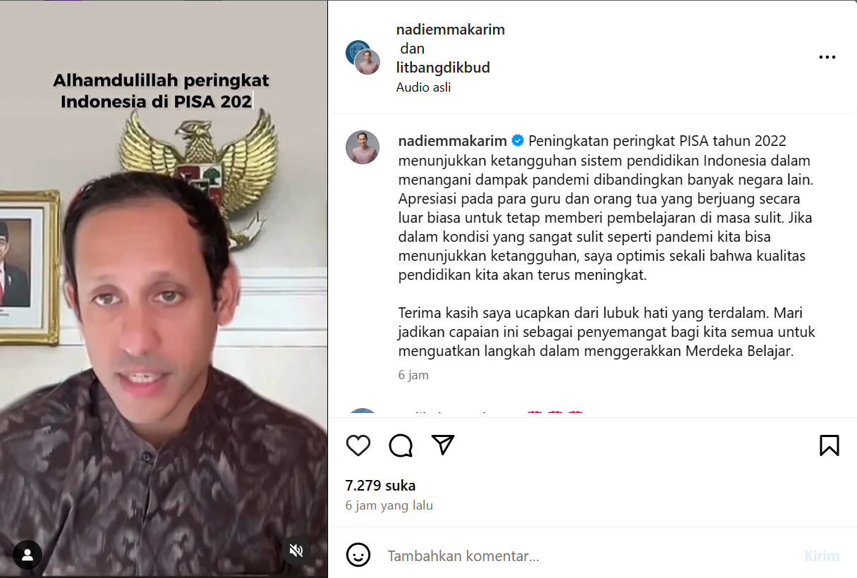 Nadeim Makarim umumkan hasil PISA 2022 (sumber: Instagram Nadiem Makarim) - Image