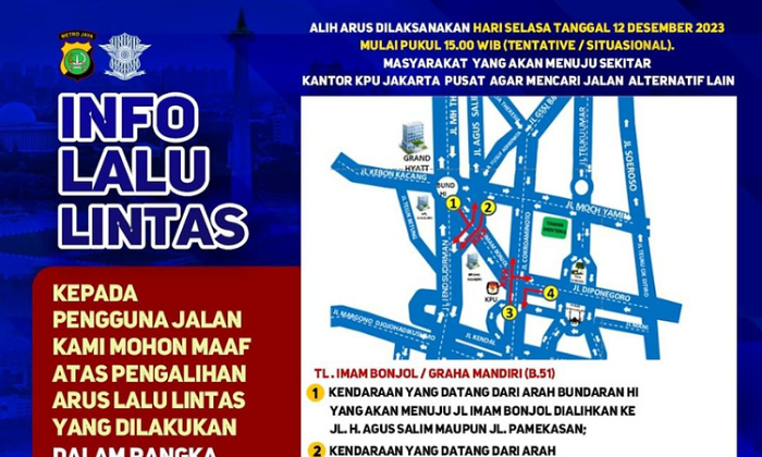 Rekayasa lalu lintas dari Polda Metro Jaya untuk debat capres-cawapres, Selasa (12/12) malam. - Image