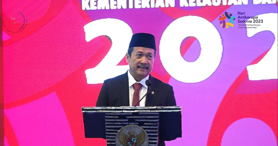 Sakti Wahyu Trenggono Menteri Kelautan dan Perikanan saat memberikan sambutan dalam acara Pemberian Award dan Bincang- bincang: Sinergi Berantas Korupsi untuk Mewujudkan Ekonomi Biru, di Kantor KPP. - Image