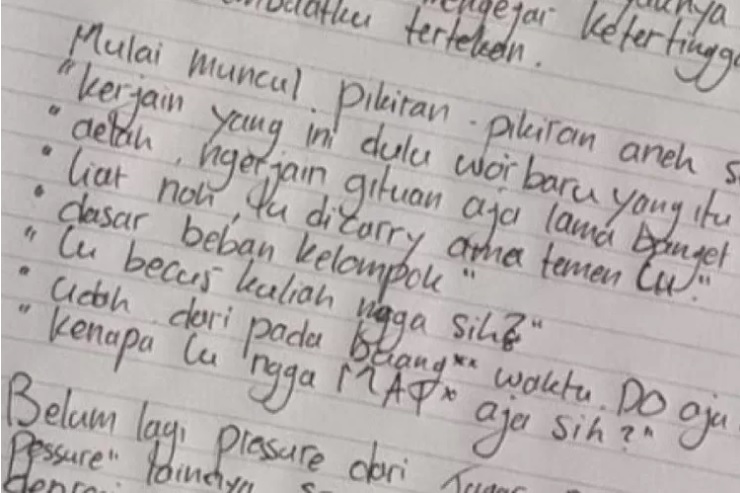 Tulisan diduga surat wasiat mahasiswi Universitas Brawijaya Malang yang bunuh diri loncat dari lantai 12 kampus. - Image