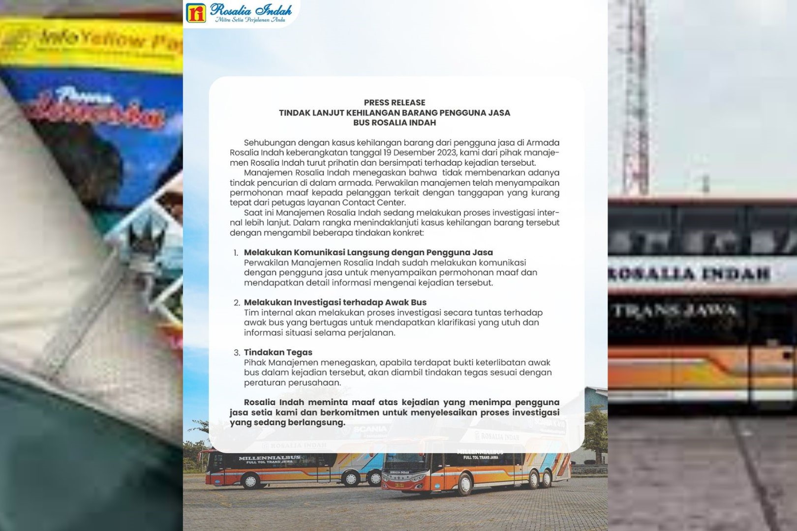 Perusahaan Otobus (PO) Rosalia Indah keluarkan press release tindak lanjut kehilangan barang penumpang. (Istimewa) - Image