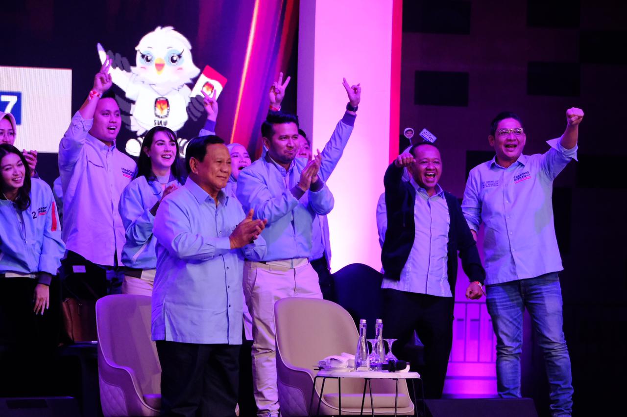 Prabowo Subianto dan TKN Prabowo-Gibran memberikan semangat kepada Gibran Rakabuming Raka dalam debat cawapres, Jumat (22/12) malam. (Istimewa) - Image