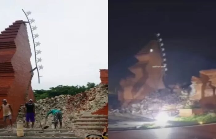 TKP: Gapura yang di pintu masuk Alun-alun Pataraksa, Kecamatan Sumber, Kabupaten Cirebon, ambruk pada Selasa, (2/1)./Radar Kudus - Image