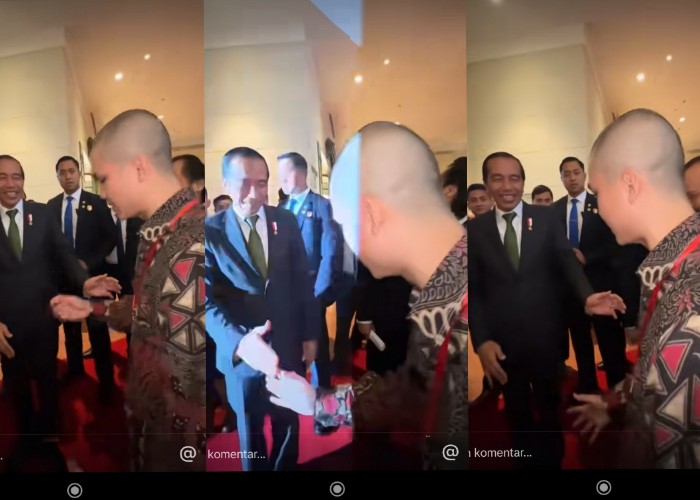 Aksi unik terjadi saat Presiden Jokowi melakukan selebrasi siuuu usai diminta oleh selebgram sekaligus YouTuber bernama Cellos. - Image