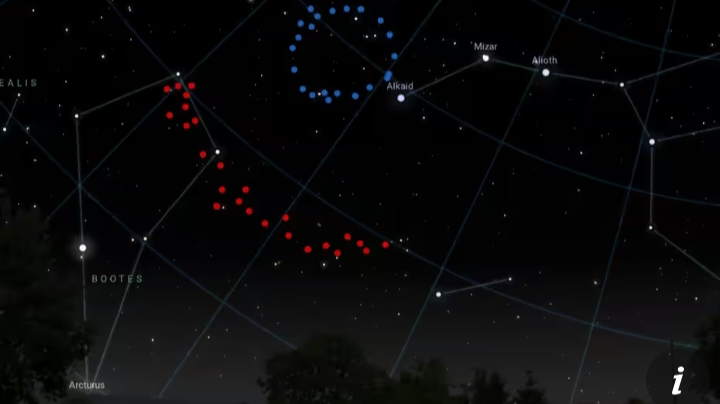 Kesan artistik tentang seperti apa Cincin Besar (ditampilkan dengan warna biru) dan Busur Raksasa (ditampilkan dengan warna merah) di langit. Sumber Foto: Stellarium/Universitas Central Lancashire/PA. - Image