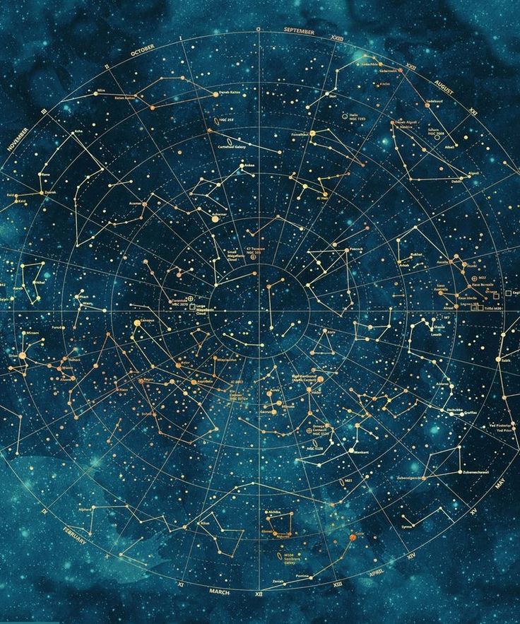 Ilustrasi Zodiak yang dihubungkan oleh garis kuning dan warna biru sebagai latar belakang. - Image