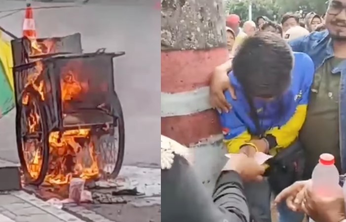 Kebakaran gerobak tahu bulat dan seorang ibu yang memberi bantuan. - Image