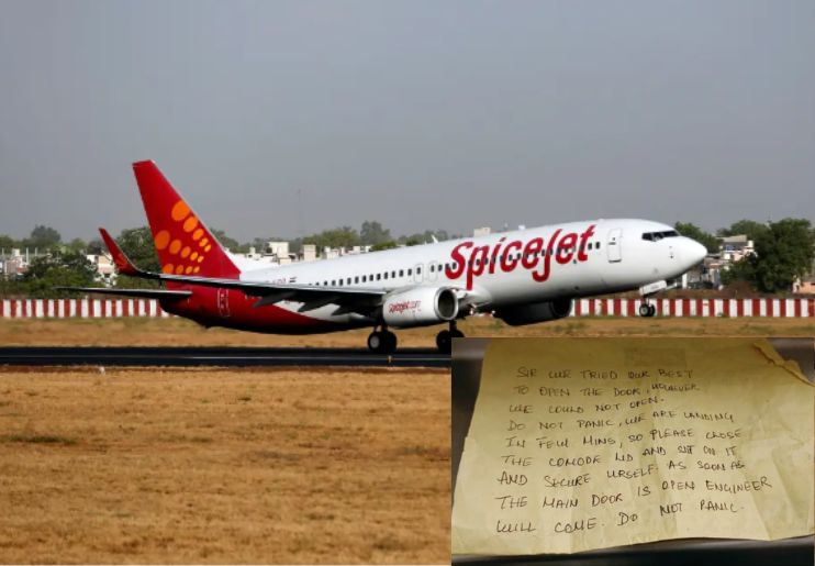 Petugas mencoba menenangkan penumpang Spicejet yang terjebak di toilet dengan memberikan secarik kertas. - Image
