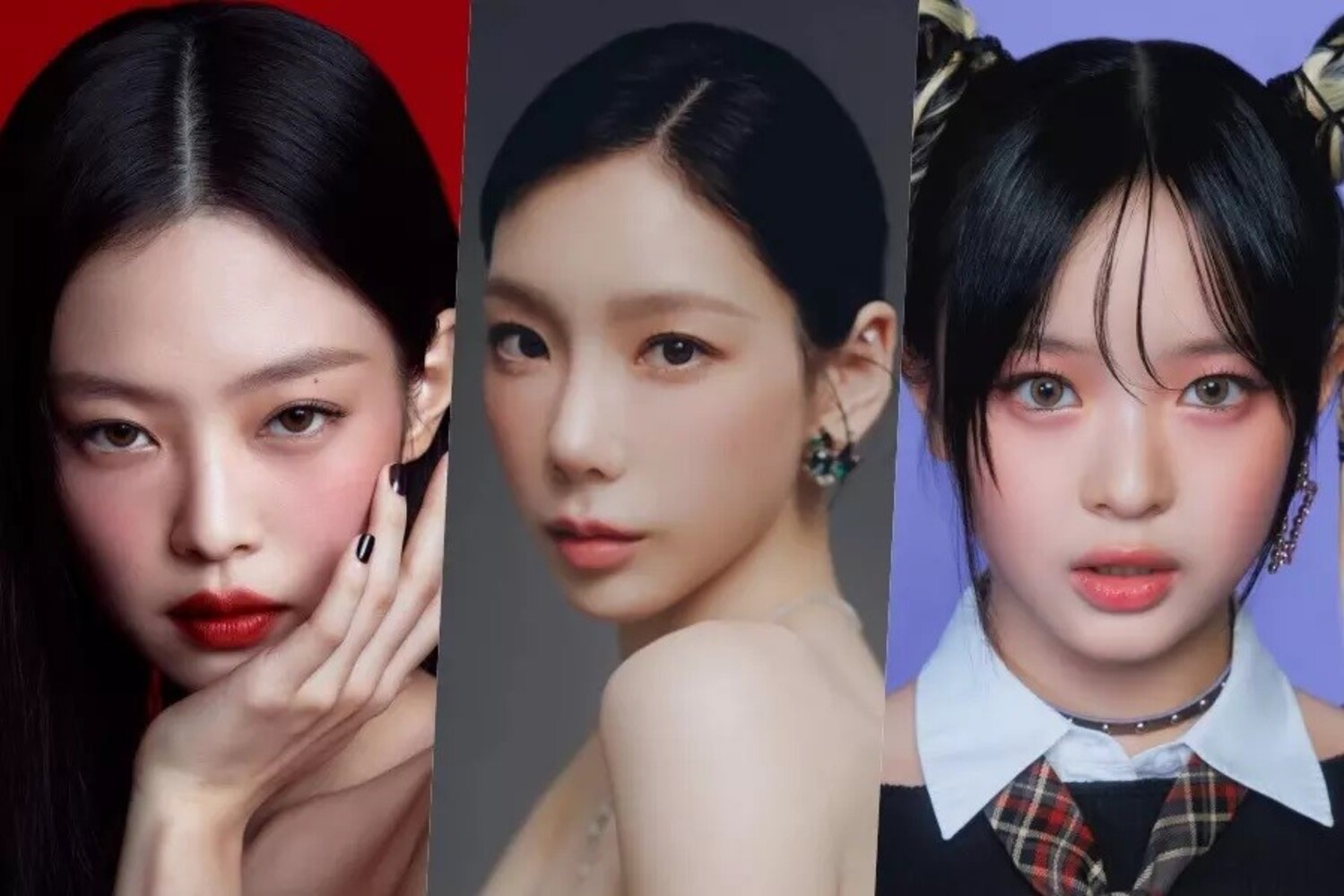 Personel girlgroup K-pop Jennie BLACKPINK, Taeyeon SNSD, dan Hanni NewJeans. Sumber foto: Soompi - Image