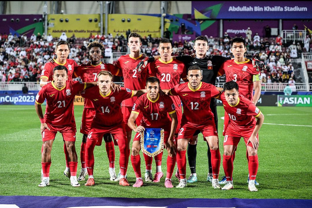Timnas Kyrgyzstan saat melawan Oman. Netizen Indonesia mengucapkan terima kasih ke pemain Timnas Kyrgyzstan yang mampu menahan imbang Oman sehingga Timnas Indonesia yang lolos ke babak 16 besar. - Image