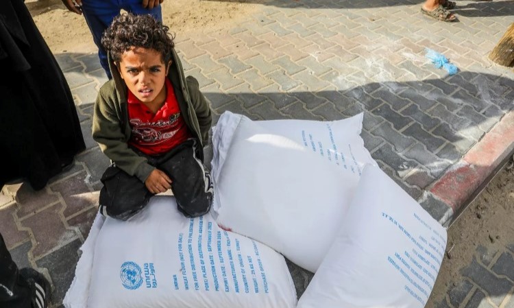 Seorang anak dengan tepung bantuan UNRWA. (MEMO-Abed Rahim Khatib) - Image