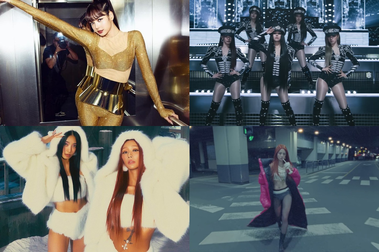 Lisa BLACKPINK, SISTAR19, (G)I-DLE, dan Yunjin LE SSERAFIM. Sumber foto: Instagram / @lalalalisa_m @official_sistar dan YouTube / HYBE LABELS, (G)I-DLE Official - Image