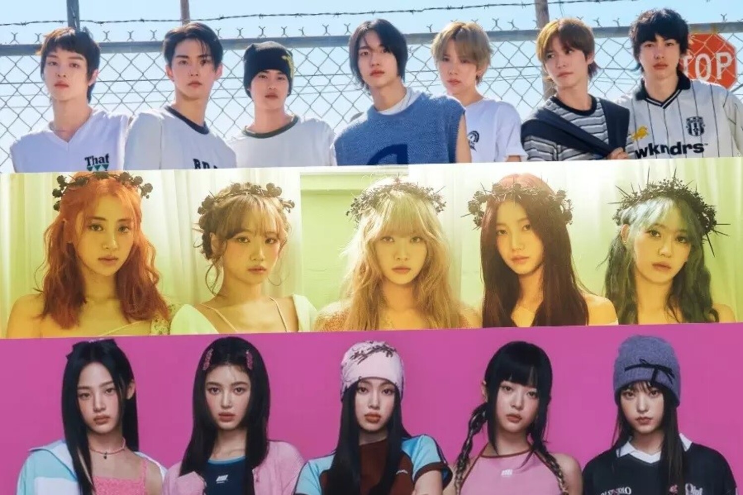 Grup rookie K-Pop RIIZE, LE SSERAFIM, dan NewJeans. Sumber foto: Soompi - Image