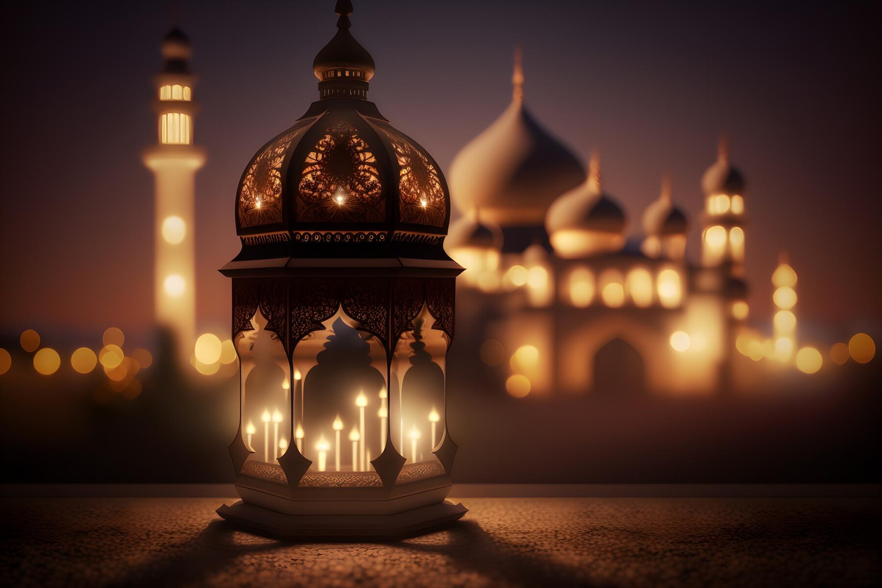 Ilustrasi sebuah lentera Islami dengan masjid di latar belakang. - Image